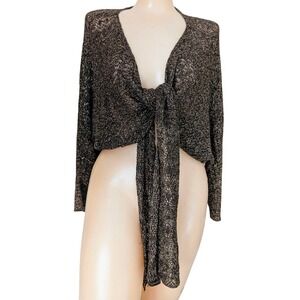 Vintage Lace Open Knit Shrug XL Cropped Bolero Gold Metallic Holiday Layer Party